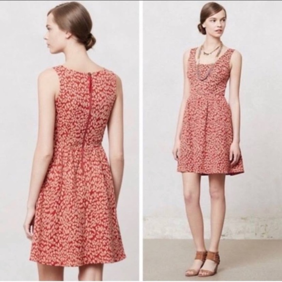 ANTHROPOLOGIE Maeve Caldera Red Animal Print Fit & Flare Dress - SzMedium - Picture 3 of 13